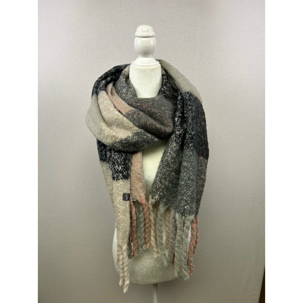 Cozy Cabin Orb Womens OS Grey Pink Plaid Oversized Blanket‎ Scarf Fringe Trim